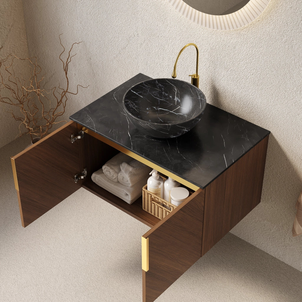 Mobile sottolavabo con 2 ante e chiusura ammortizzata, lavabo in ceramica e piano in pietra, 76 × 50 × 55,1 cm