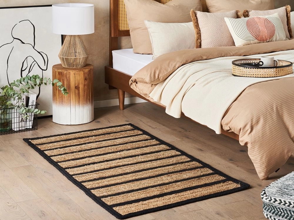 Tappeto tappetino Tappeto Nero e Beige Cotone Juta Rigato 80 x 150 cm Rustic Boho
