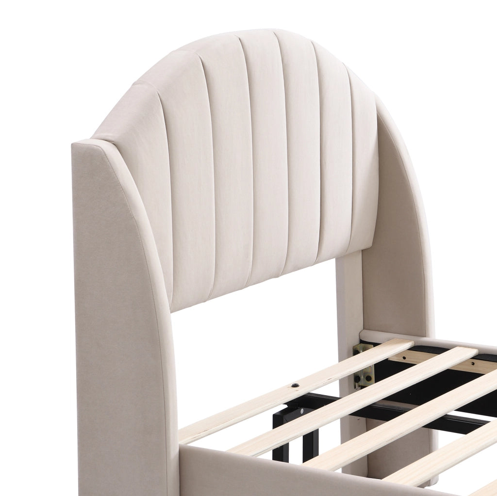 Letto imbottito singolo 90x200 cm con rete e testiera in velluto beige