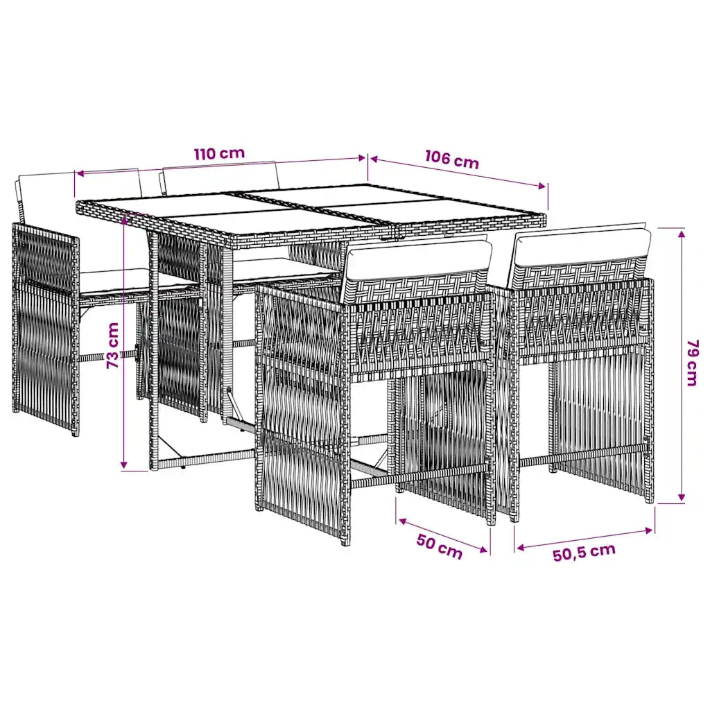 Set da Pranzo da Giardino 5 pz | Set Salotto da Giardino Nero con Cuscini in Polyrattan
