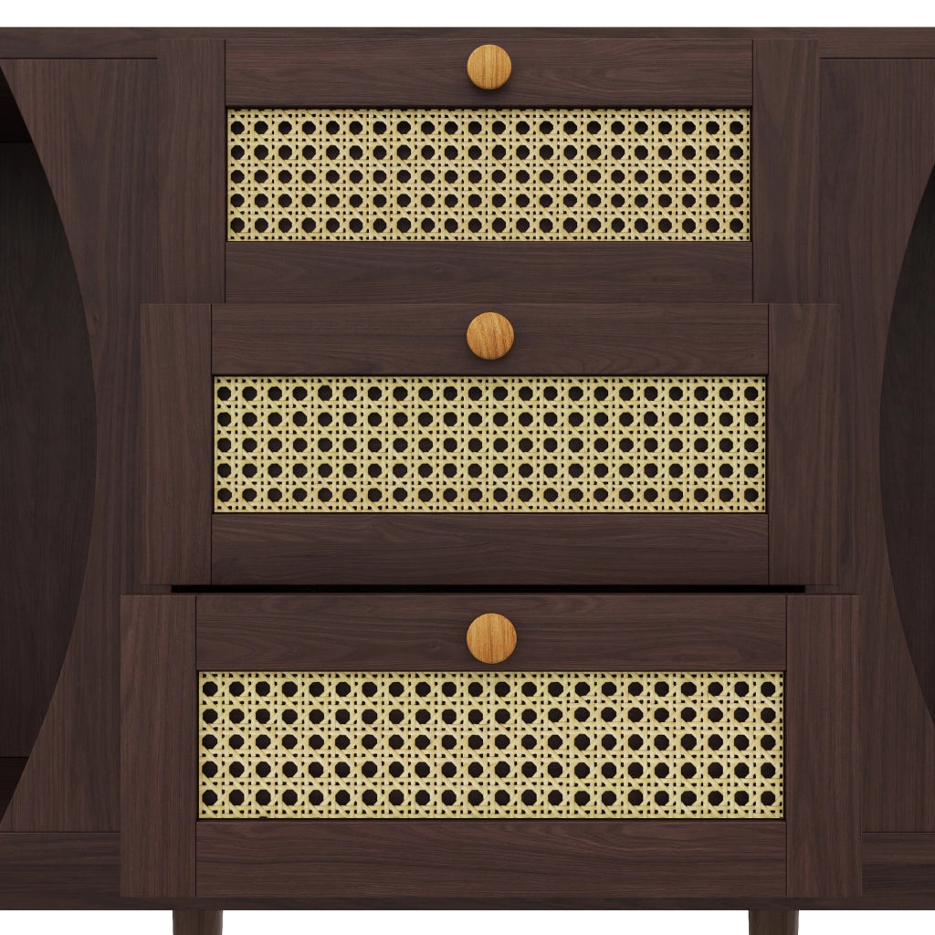 OKWISH Credenza con 3 Cassetti in Rattan e 2 Ante Scorrevoli, Ripiani Regolabili, per Soggiorno, Pannello Truciolare, Naturale