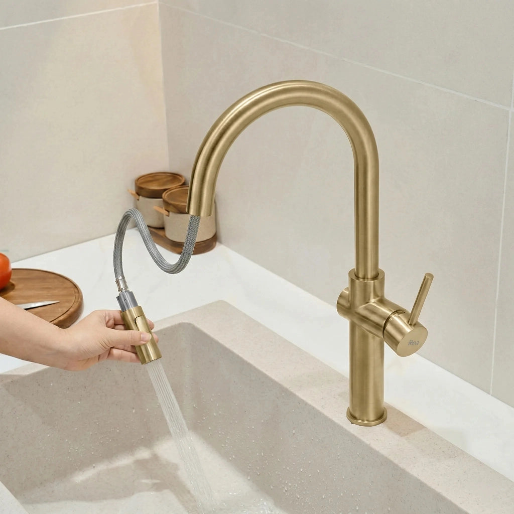 Rubinetto Da Cucina Rea Fresh High Brush Gold