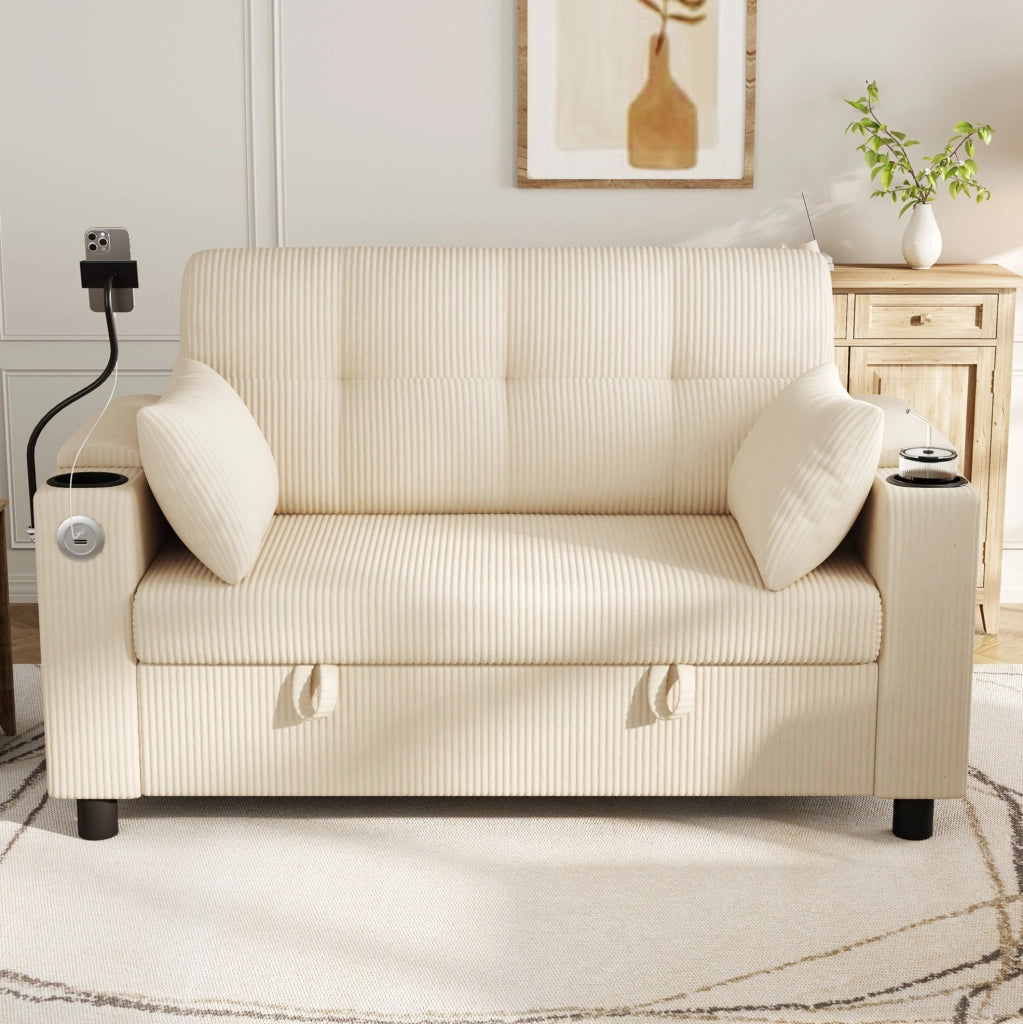Divano 2 posti con contenitore; USB/Type-C e portabevande in velluto a coste beige HOMVRA