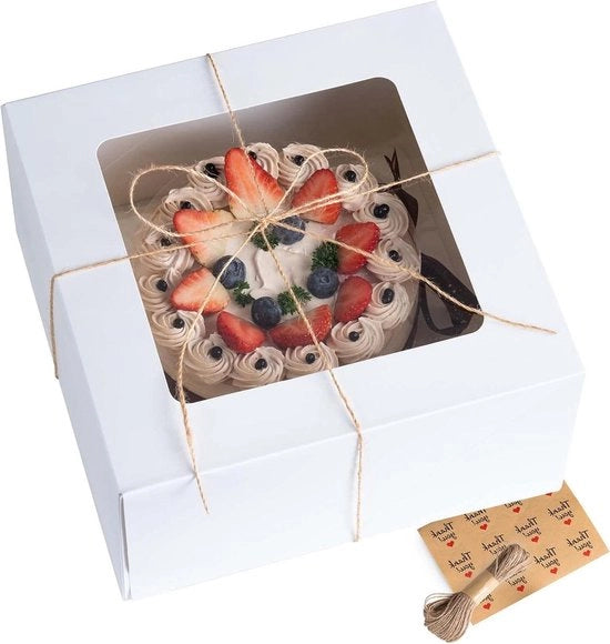 Dizionario per torte con finestra di osservazione - 26 x 26 x 13 cm - scatola da pasticceria - 10 pezzi con corda e adesivi