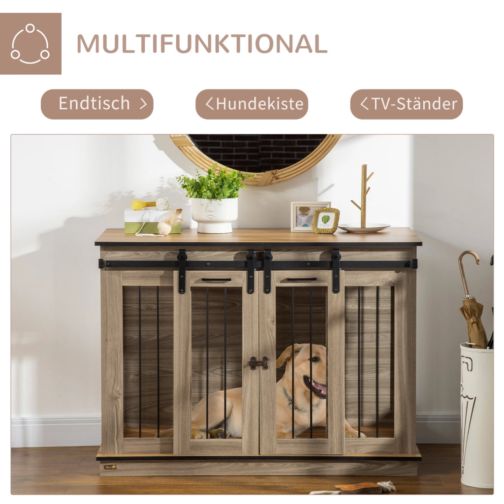 Gabbia per cani 2 in 1 con divisorio e 2 porte per interni in metallo e legno color rovere 120 × 60 × 88,5 cm
