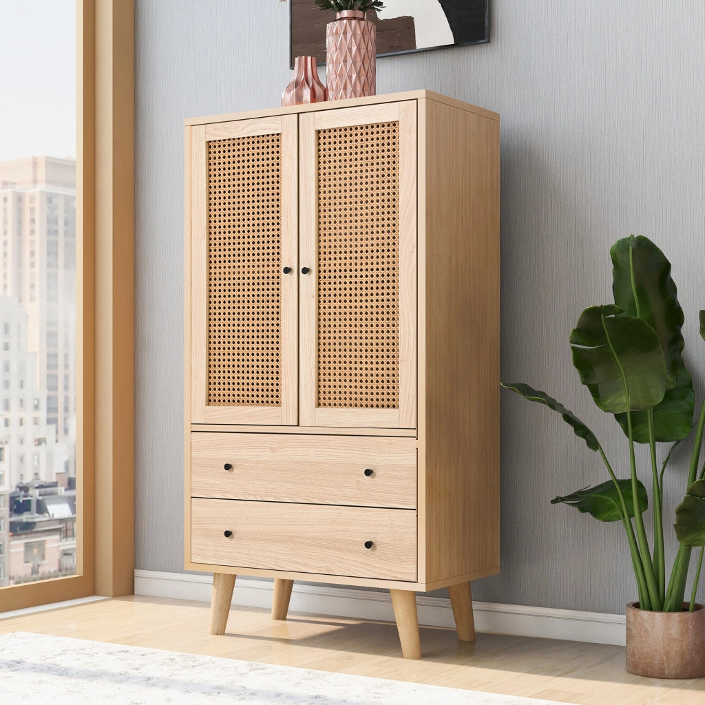 Credenza con 2 Ante e 2 Cassetti; Frontale Effetto Rattan; Stile Moderno; in Truciolare; Rovere; 60¡Á40¡Á120 cm