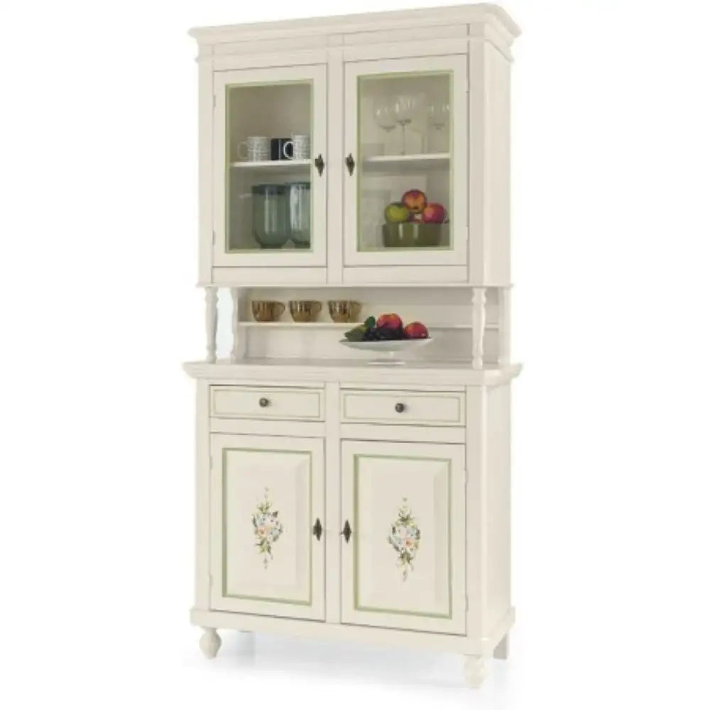 Cristalleria 4 ante 2 cassetti in stile classico in legno e mdf con rifinitura in bianco lucido con decorata 105x45x218 H