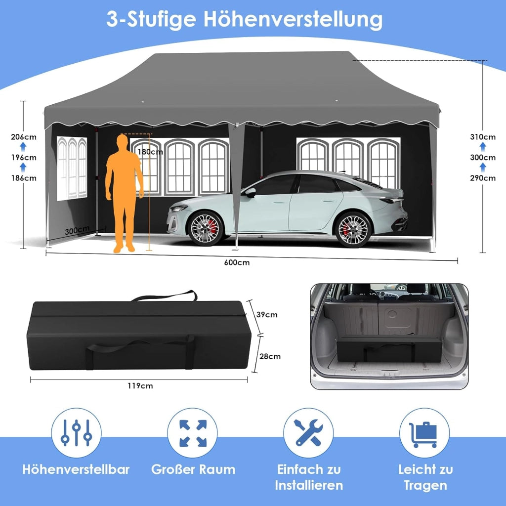 Gazebo 3x6 Pieghevole Impermeabile Esterno Con 6 Pareti Laterali, Tenda Protezione UV 50+, 12 Chiodi Rettificati e 6 Corde - Per Campeggio/Matrimoni, Grigio