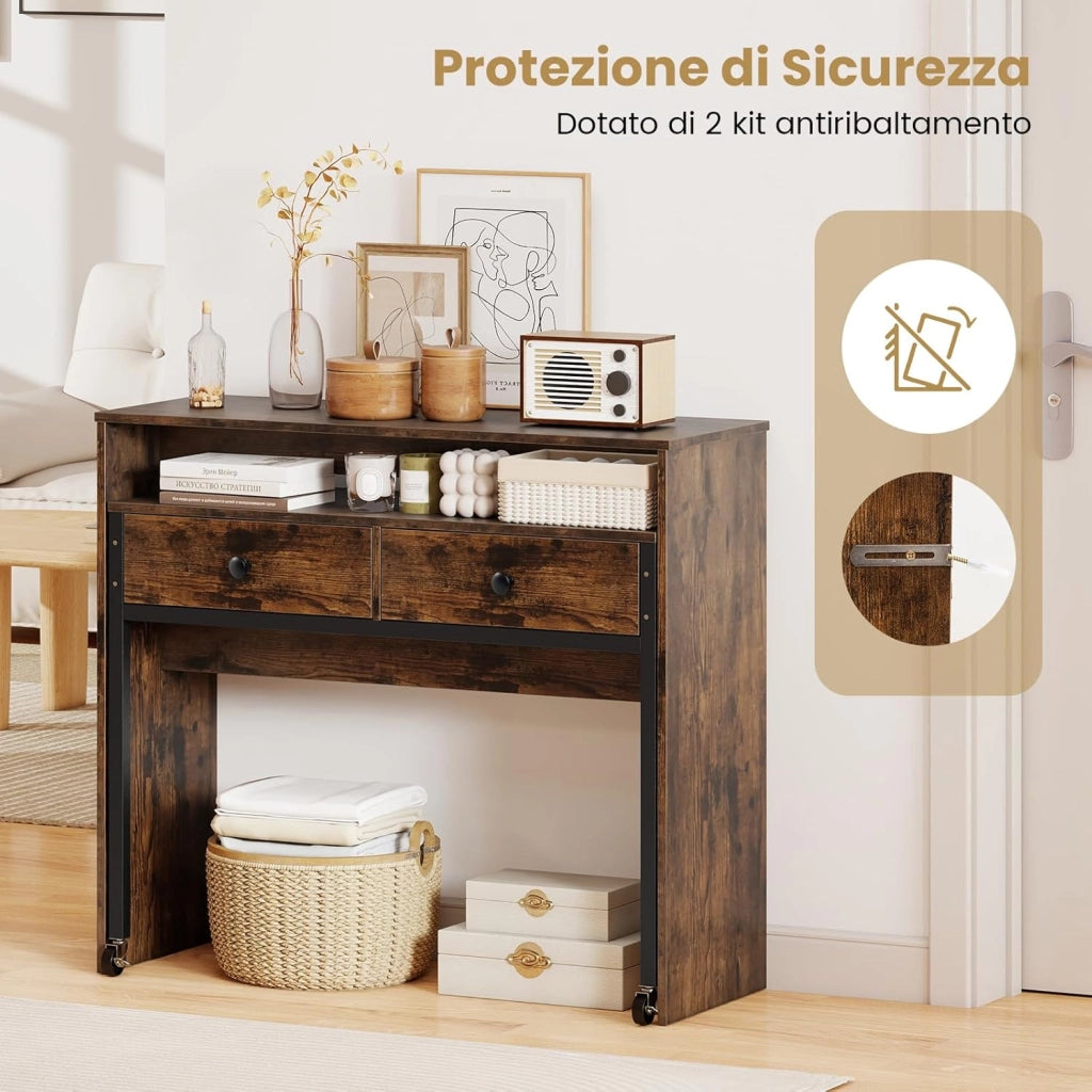 Scrivania per Computer, Tavolo Salvaspazio Retrattile con Cassetti e Ruote Universali Bloccabili, 100 x 63 x 88 cm, Desk Gaming per Ufficio, Soggiorno e Camera da Letto (Marrone)