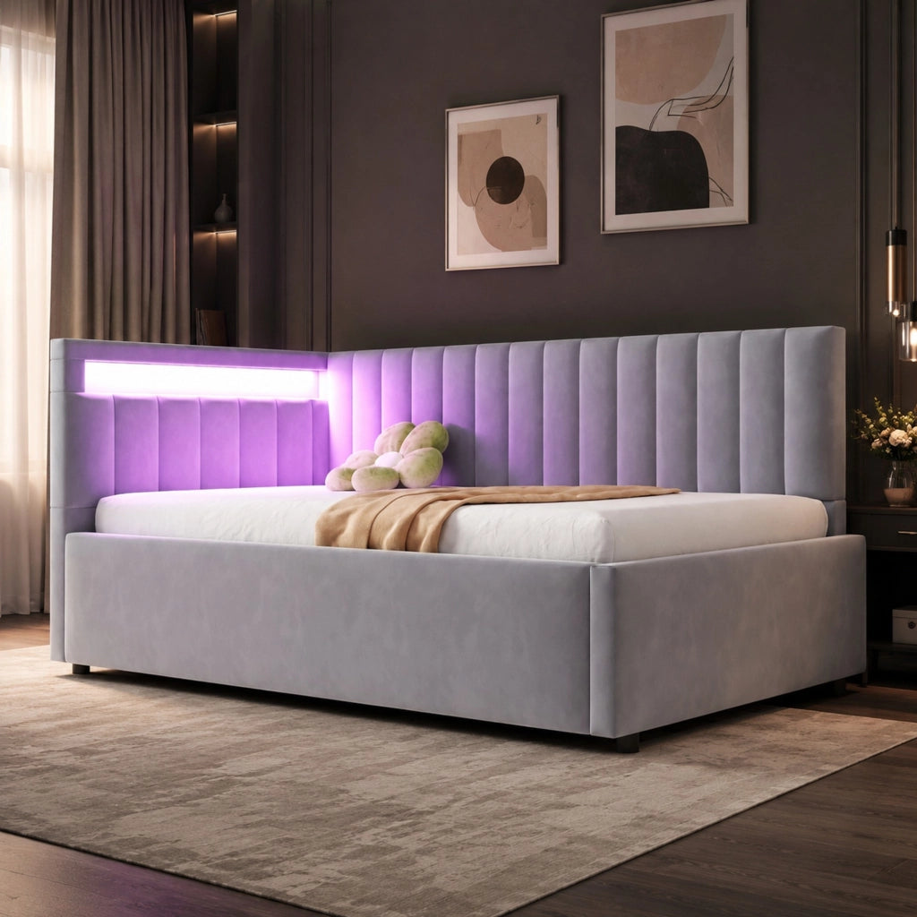 Letto imbottito con LED e contenitore idraulico 90x200 cm in velluto grigio