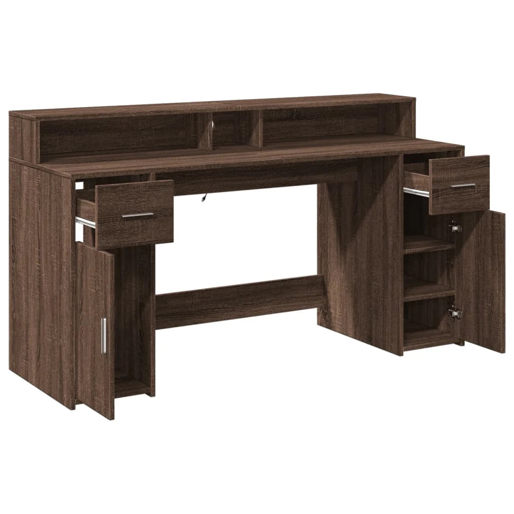 Scrivania tavolo postazione di lavoro mobile per computer studio e luci a LED legno ingegnerizzato di rovere marrone 02_0023794