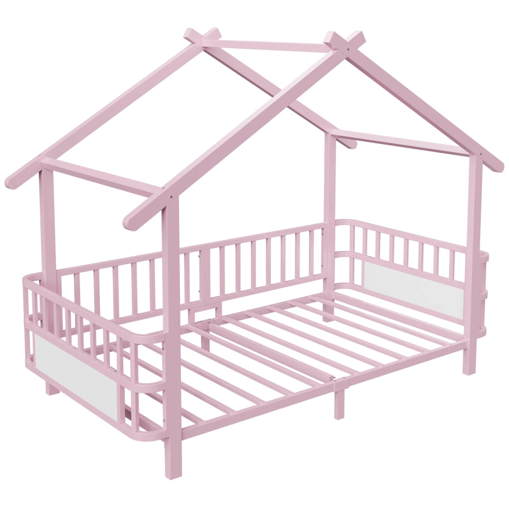 Letto a forma di casa 90x200 cm con sponde di sicurezza in metallo rosa