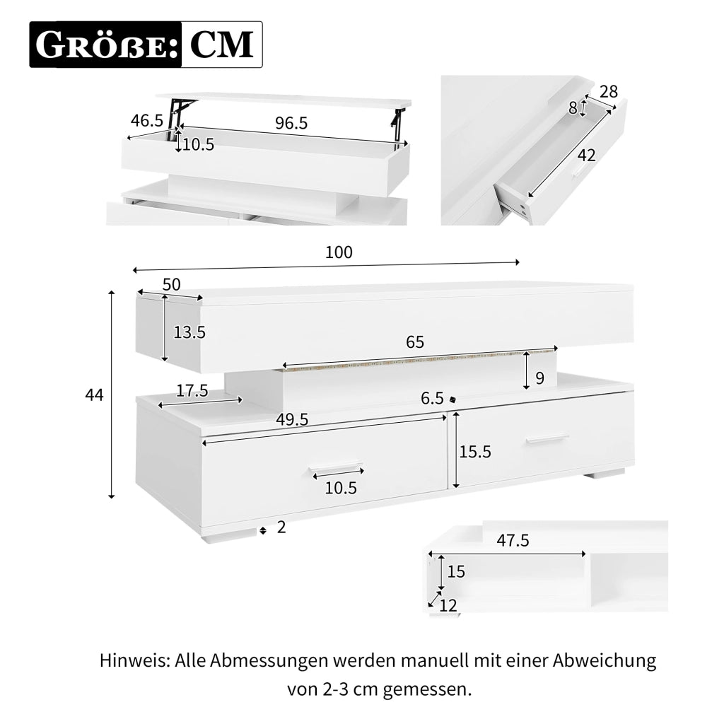 Tavolino da salotto idraulico regolabile in altezza - Zephmum- 100x50x44 cm - Bianco - LED, controllo Bluetooth, 2 cassetti