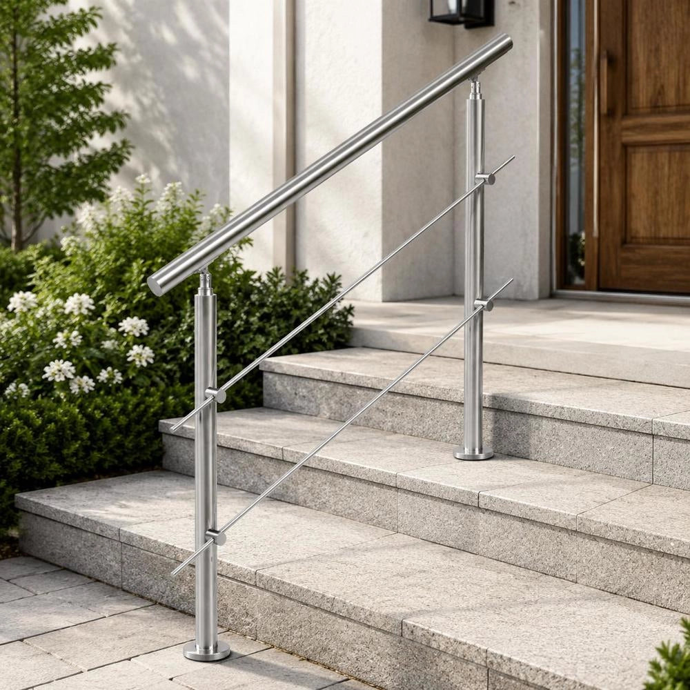 Outdoor Stair Handrails, 47.2 Inches Long, 2 Crossbars, Stair Handrail Set, Stainless Steel Transition Railing With Mounting Kit, Double-post Stair Handrails For Seniors, Porch And Patio