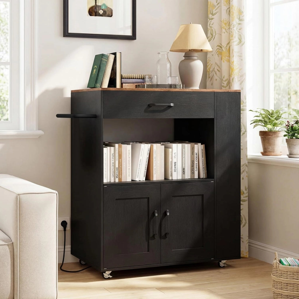 Carrello da Cucina con Ruote, Isola da Cucina con 3 Portaspezie 1 Cassetto Armadietto a 2 Porte, Carrello Portaoggetti con Portasciugamani,82x46x92 cm (Nero, con presa)