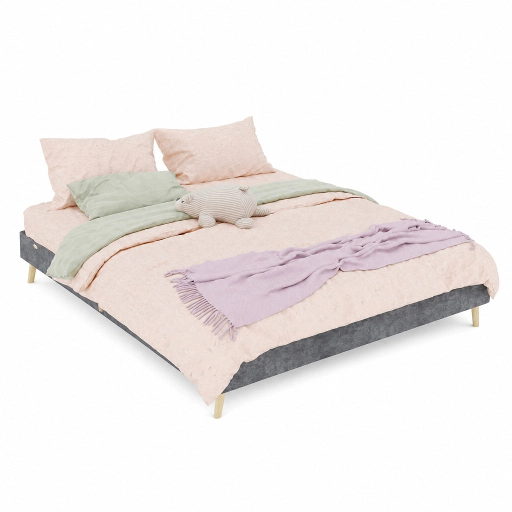 Letto matrimoniale 160x200 cm grigio in tessuto e metallo, design geometrico, rete a doghe, montaggio semplice