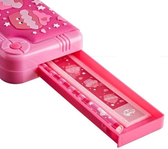 Pennafitta Pop Out Roza - Cassetta di appoggio con pulsante - Inclusa matita con gomito e pennarello - 15 cm righello - 3 compartimenti - per scuola