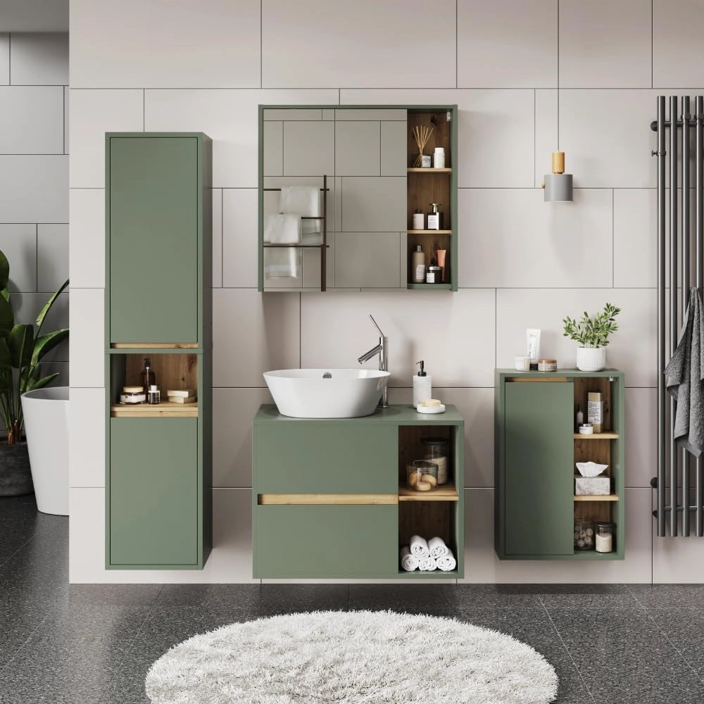 Mobile a specchio per bagno Viola, Verde/Artigianale, 80 x 75 cm con ripiani aperti, per montaggio a parete con specchio integrato e ripiani