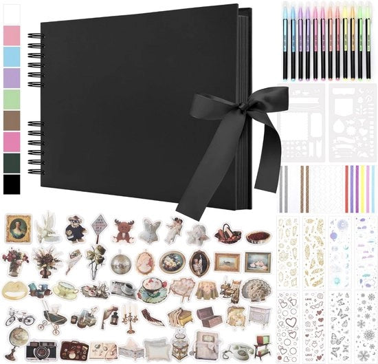 Album di foto con 80 pagine vuote – Scrapbook DIY per foto con 12 strumenti & 7 adesivi – Libro di guest per compleanni, famiglia, matrimoni e viaggi – Nero