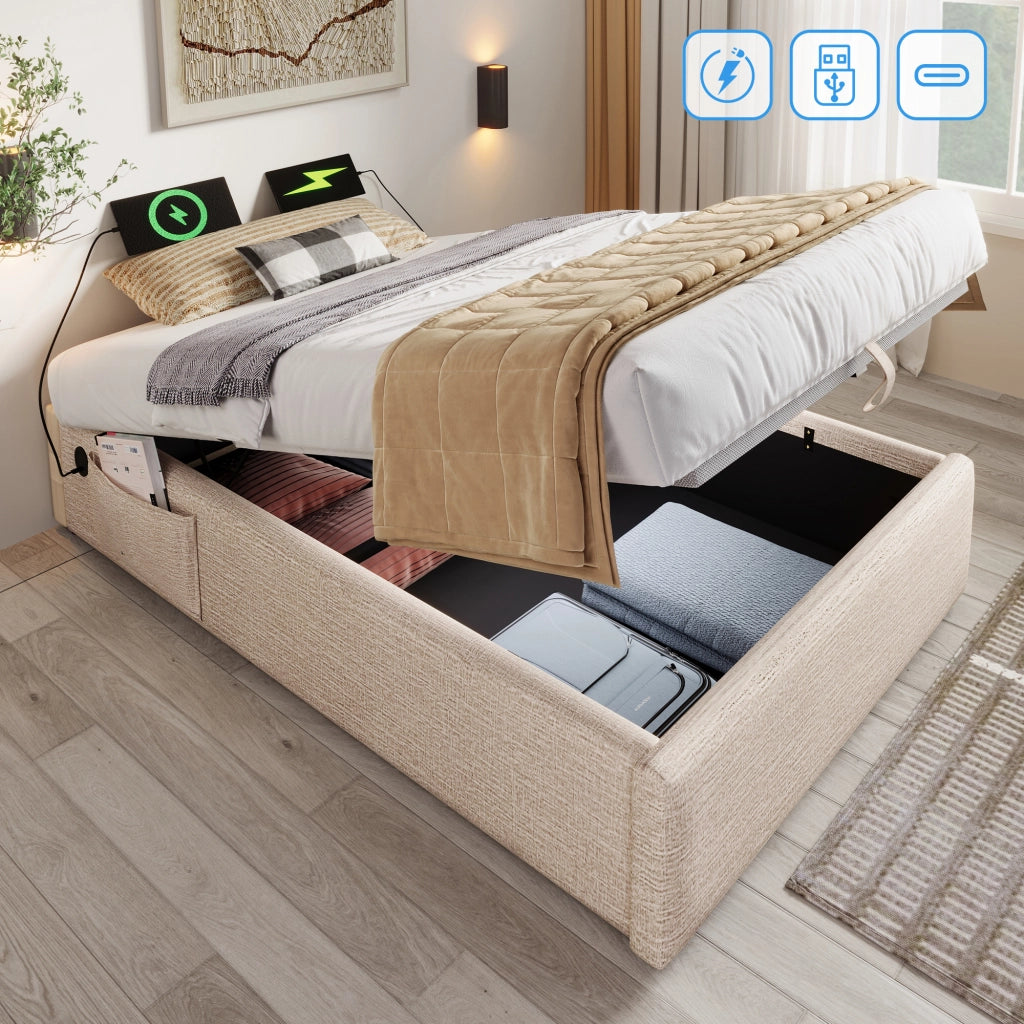 Letto singolo imbottito 90x190 cm in lino con contenitore, porta USB/Type-C, senza testiera