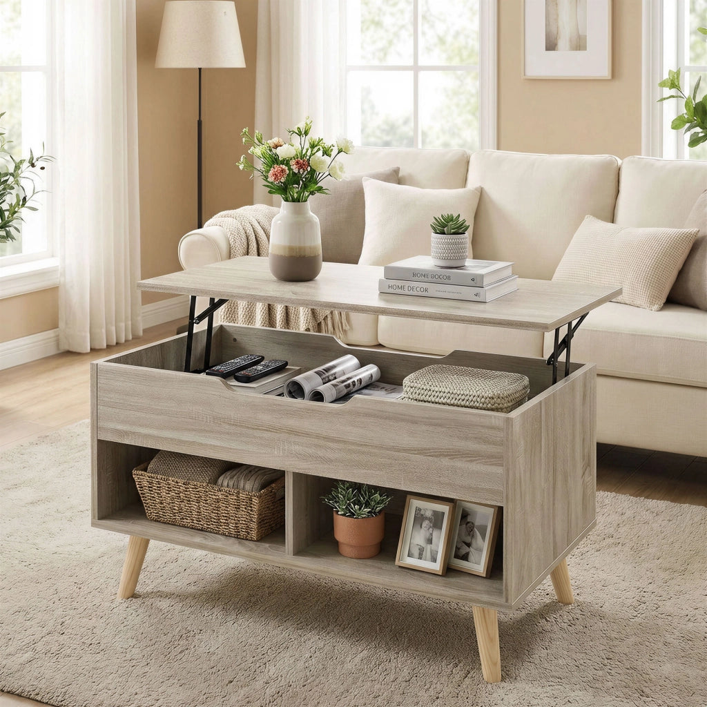 Tavolino da salotto con ripiano sollevabile e scaffali aperti ¨C zephmum ¨C legno naturale 75x40x58 cm