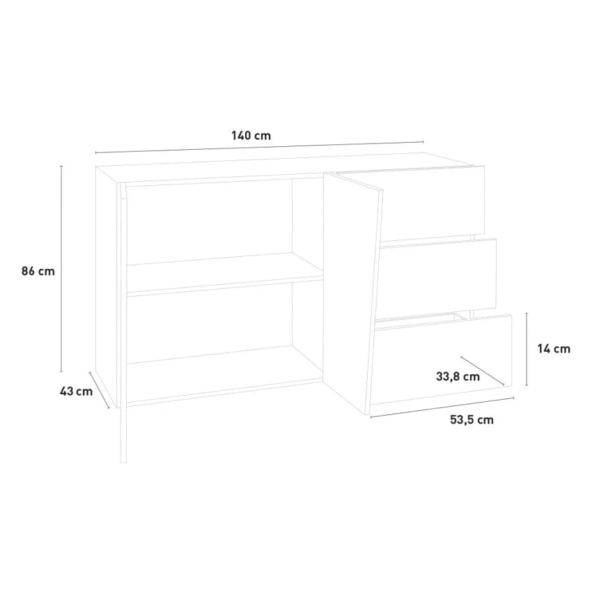 Credenza moderna VEGA con 2 ante battenti e 3 cassetti, bianco lucido 140