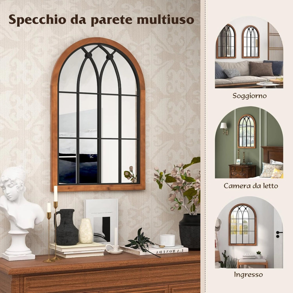 Specchio da Parete 60 x 90 CM, Specchio Finestra con Cornice in Legno di Abete, Specchio Decorativo con per Soggiorno Camera da Letto Ingresso Bagno