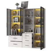 Libreria con 4 Ante in vetro; 5 Cassetti; Vani aperti e LED per Soggiorno in Pannello truciolare 140 × 40 × 160 cm Bianco