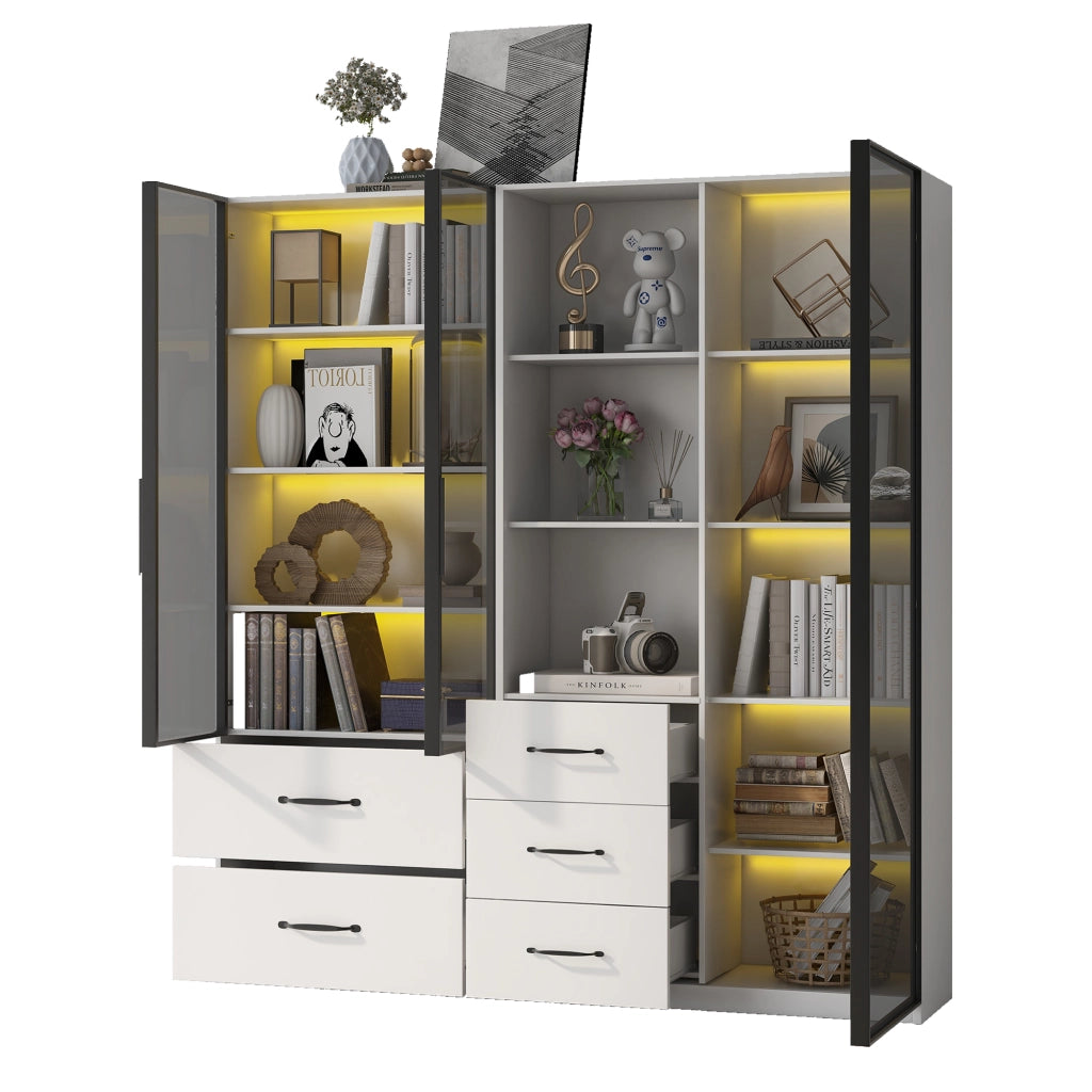 Libreria con 4 Ante in vetro; 5 Cassetti; Vani aperti e LED per Soggiorno in Pannello truciolare 140 × 40 × 160 cm Bianco