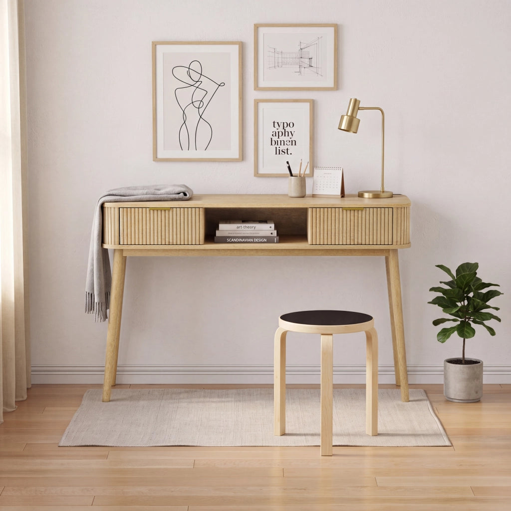 Consolle con 2 cassetti e ripiano aperto in MDF rovere