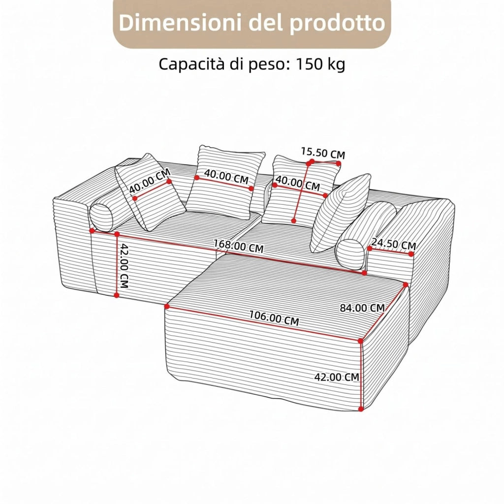 Divano a L, divano componibile, seduta morbida come una nuvola, tessuto chenille, beige