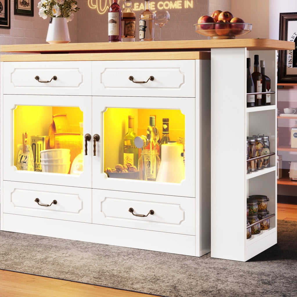 Tavolo bar 135-203x39x92.8 cm allungabile con rotazione a 360° e LED in MDF bianco e naturale