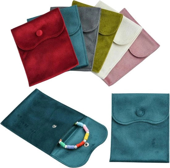 Set di Custodie in Velluto per Gioielli in 6 Colori, con 6 pezzi - 14x11cm - Chiusura a Bottone - per Anelli, Collane, Orecchini, Bracciali