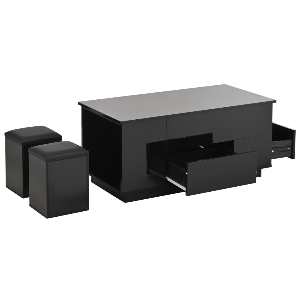 Tavolino da caffè 100x50x45 cm con alzata idraulica; LED; 2 cassetti e 2 sgabelli; truciolare nero