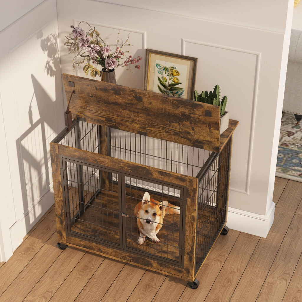 Scaffale per animali domestici in stile mobile con doppia porta, apertura superiore ribaltabile, ruote, truciolato e acciaio nero