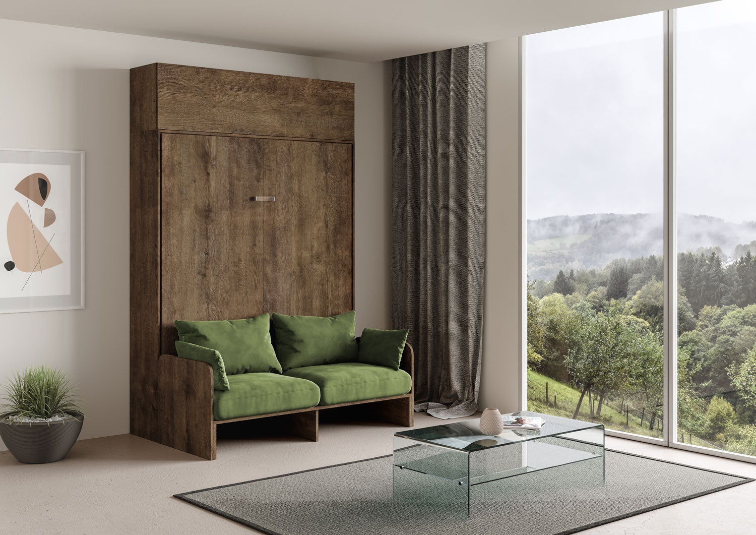 Letto Matrimoniale A Scomparsa 160 Kentaro Con Divano E Pensile Noce e Verde