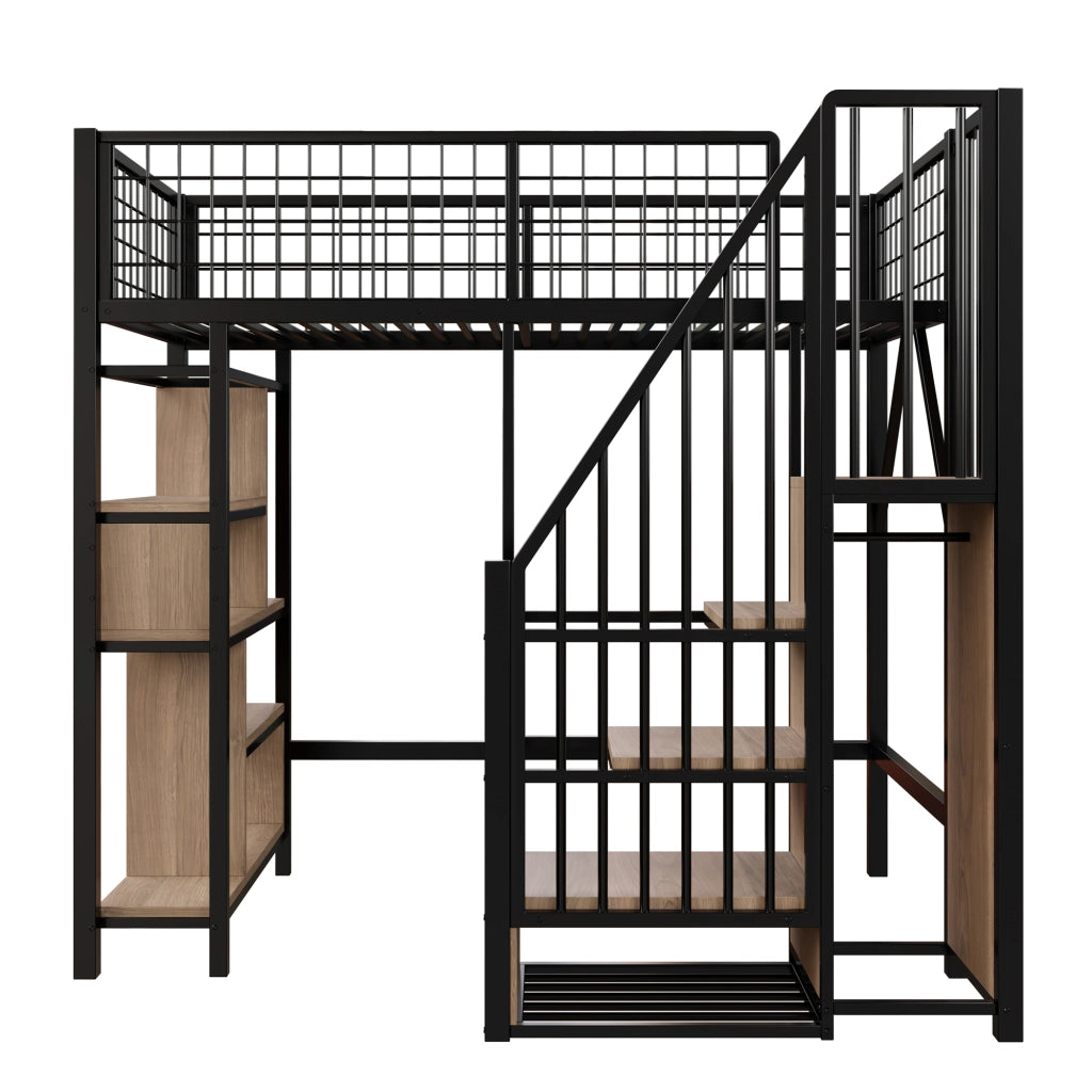 OKWISH Letto a Soppalco 90×200 cm, Letto Singolo con Scala Contenitore, Scomparti e Mensole, senza Materasso, Nero
