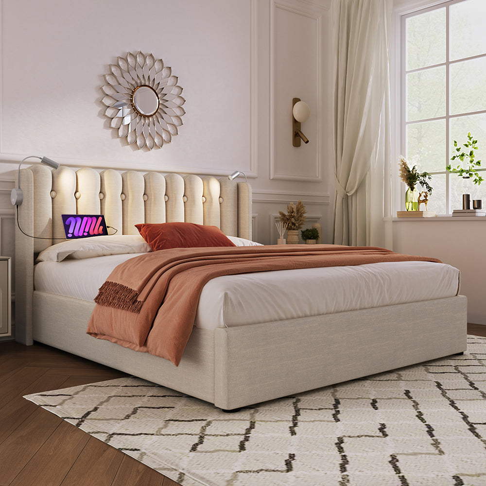 Letto a cassone imbottito 160x200 cm - Xylo - Con funzione di carico e due luci da lettura, Beige