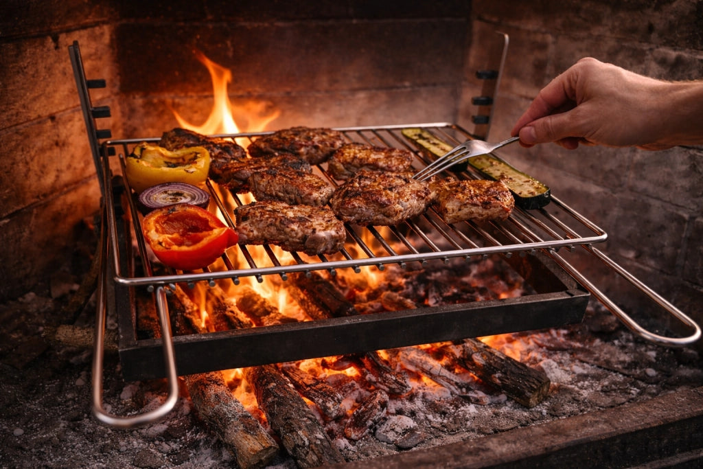 Griglia per Barbecue in Acciaio Cromato, Regolabile su più Altezze, Scorrevole per camino per Carne e Pesce 65x35 cm