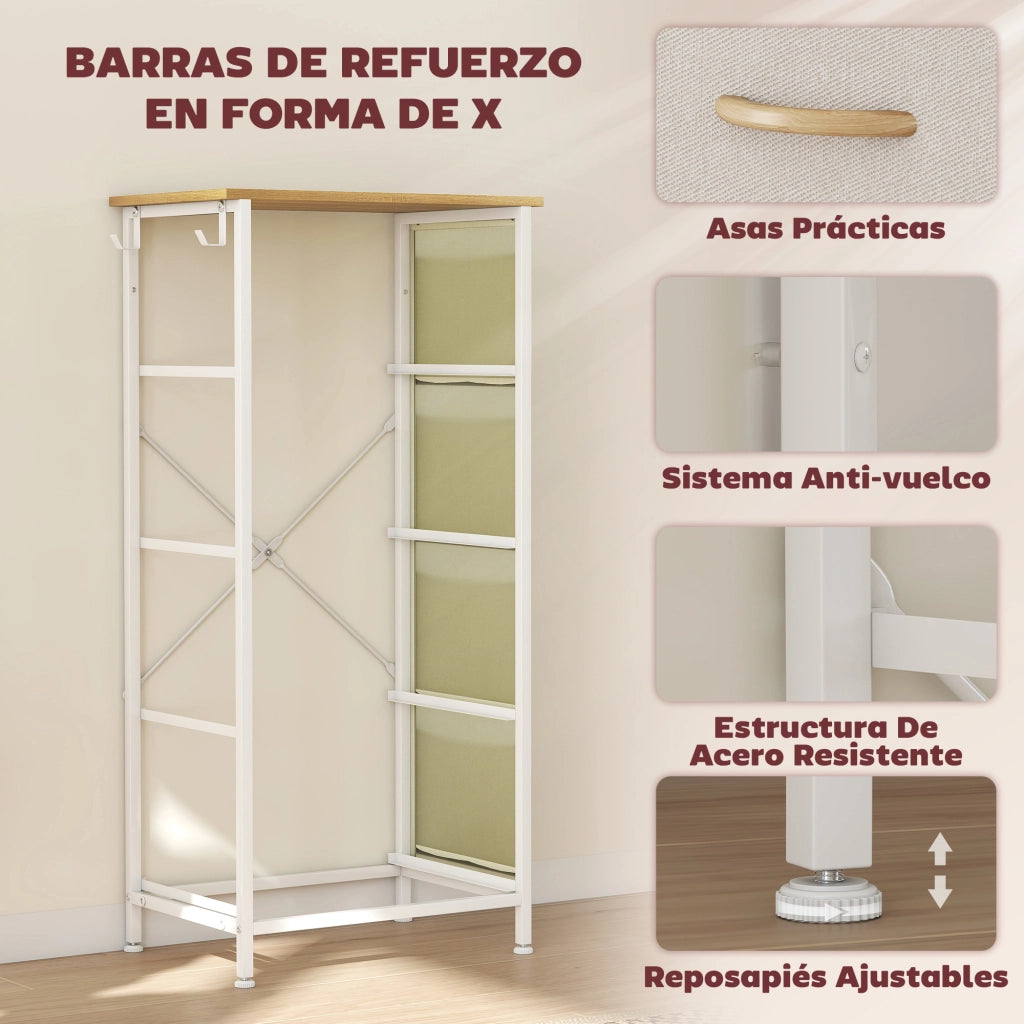 Cassettiera con 4 Cassetti e 4 Tasche Laterali ¨C zephmum ¨C Tessuto Beige 60x40x80 cm
