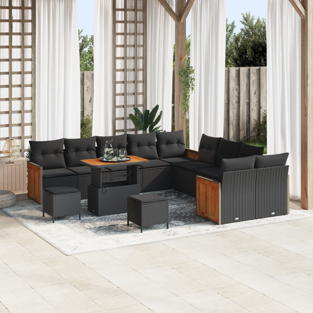 Set divano giardino 13 pezzi con cuscini neri in polyrattan e acacia