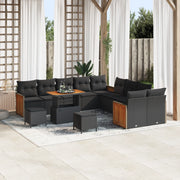 Set divano giardino 13 pezzi con cuscini neri in polyrattan e acacia