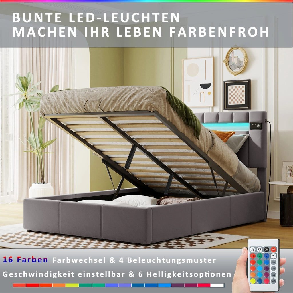 Letto imbottito grigio in velluto con LED; Bluetooth; USB e contenitore idraulico