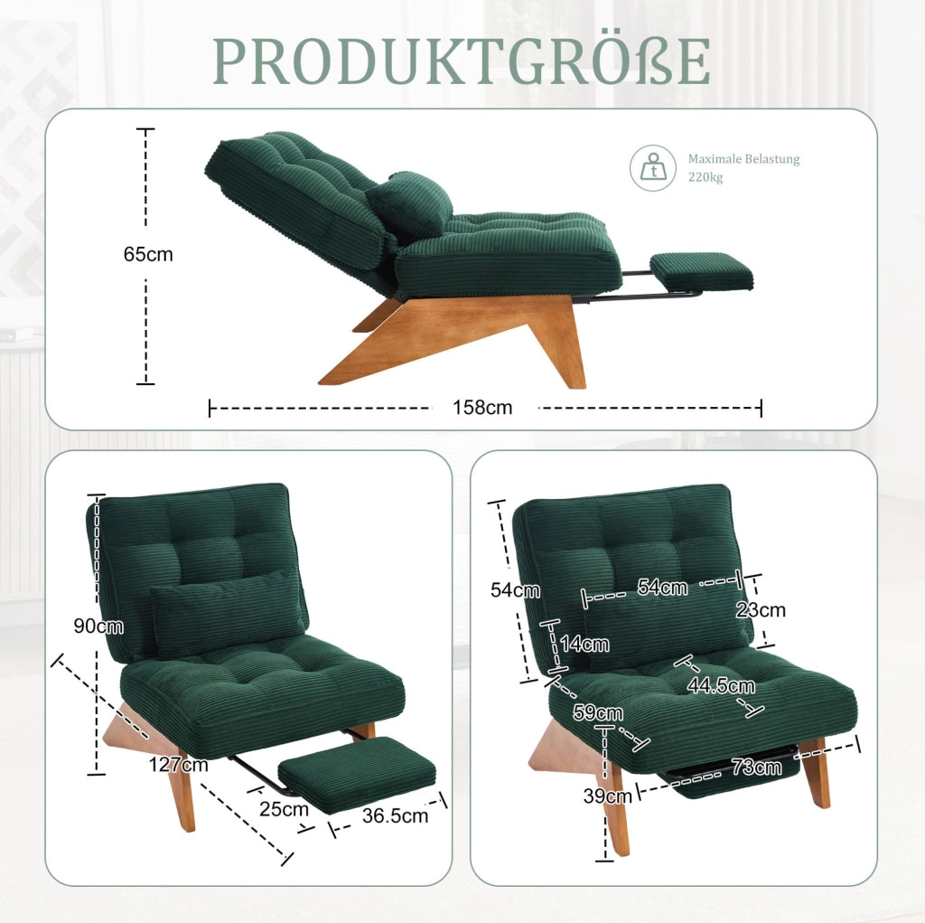 Poltrona reclinabile in corduroy verde smeraldo con cuscino lombare; 127x73x90 cm