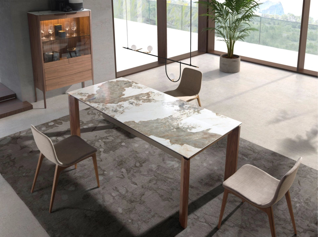 Credenza alta in noce con piano in vetro finto marmo e illuminazione interna