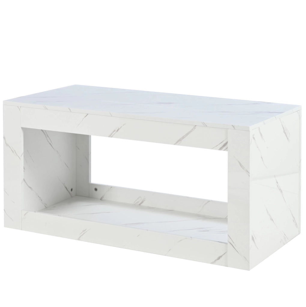 Tavolino da salotto moderno con LED USB; 100 x 50 x 50 cm; bianco lucido effetto marmo