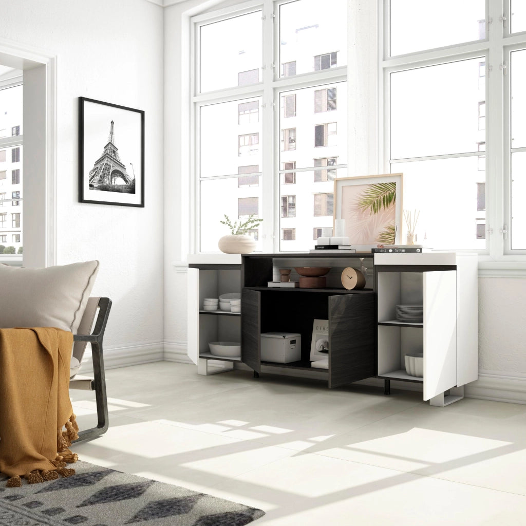 Credenza, Mobile, 200x35x87cm, 4 Porte, Design industriale, Bianco e nero RF2301