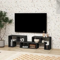 Mobile TV 75" max Modulabile con 2 Ripiani a L e Mensola Rettangolare, in Legno, 134-180x30.5x44 cm, Nero
