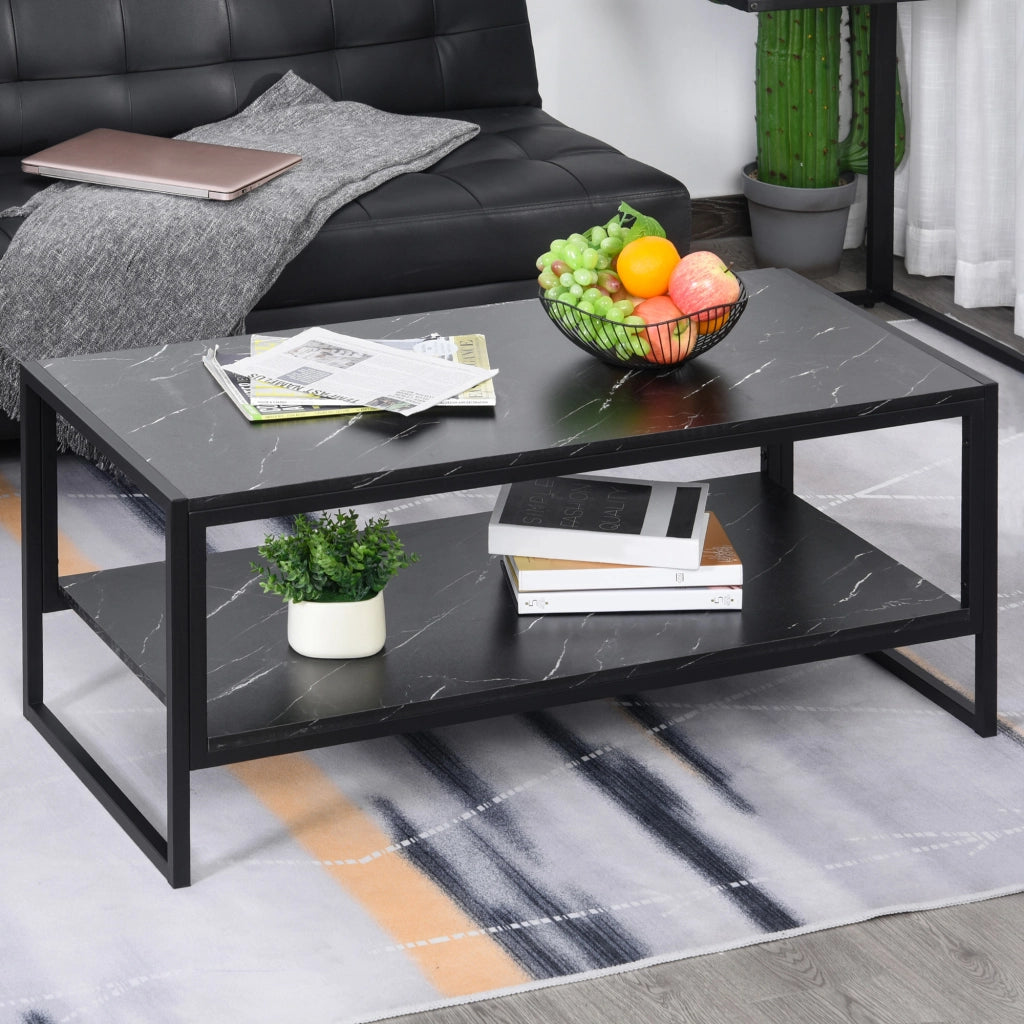 EasyComfort Tavolino da Caffè Nero, Tavolino Effetto Marmo con Ripiano Inferiore, da Soggiorno o Ufficio, Design Moderno, Telaio in Acciaio, 106x50x45cm, Nero