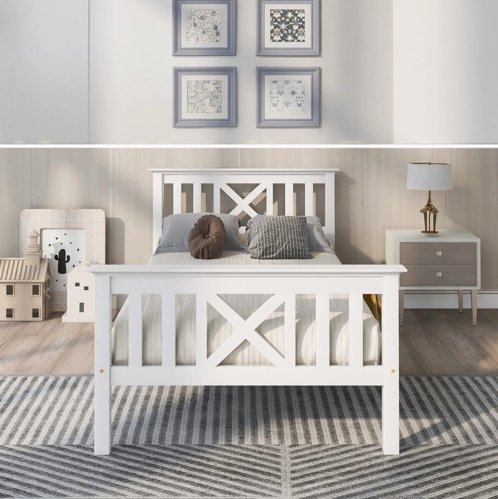 Letto singolo 90x200 cm con testiera a X e spazio contenitore; legno; bianco (Senza materasso)